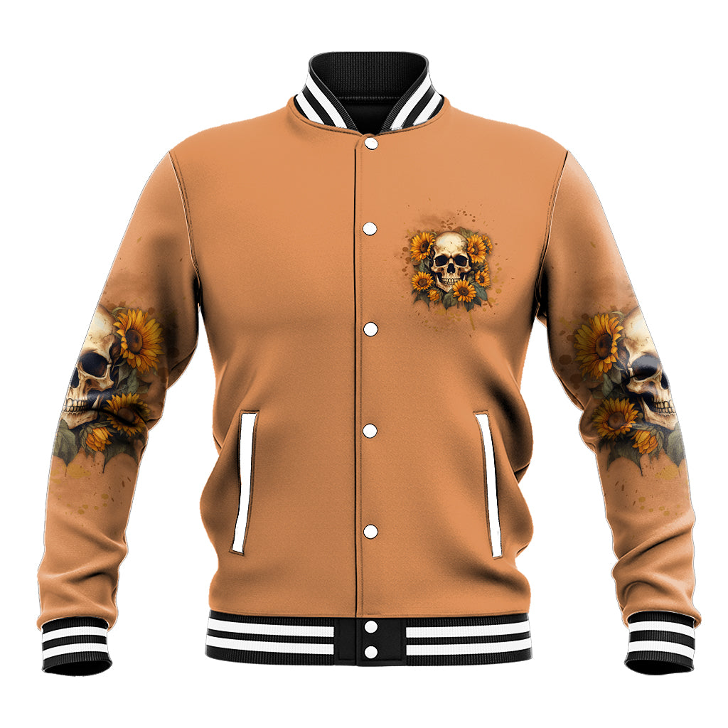 Unisex tan baseball jacket, front sunflower skull graphic; button-up with striped ribbed cuffs.
