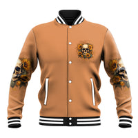 Unisex tan baseball jacket, front sunflower skull graphic; button-up with striped ribbed cuffs.