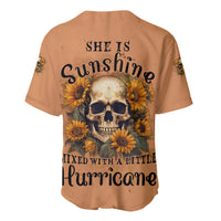 Tan baseball jersey, back graphic with skull, sunflowers, and text
