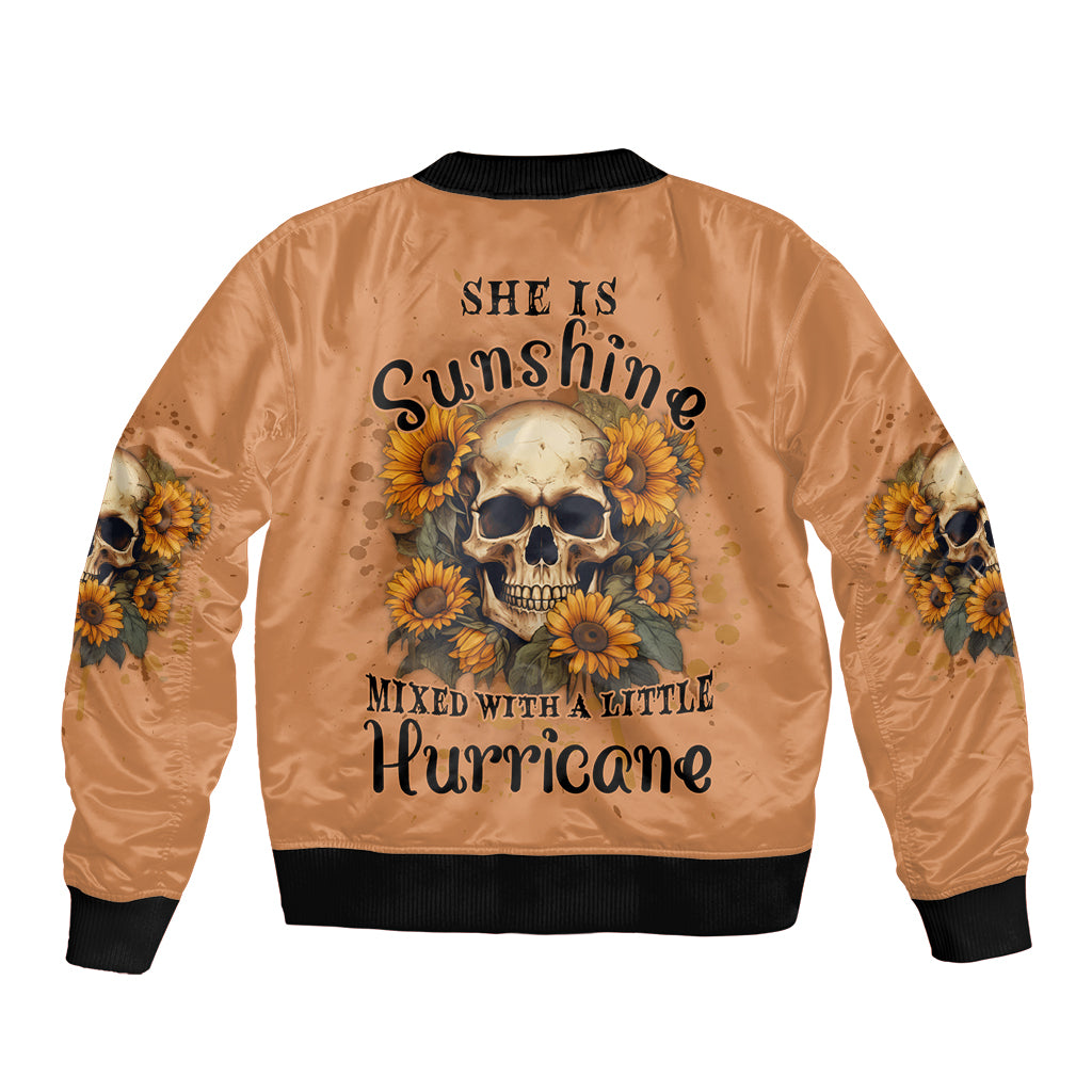 Unisex tan bomber jacket with back skull and sunflower graphic, ribbed knit trims