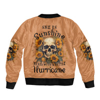 Unisex tan bomber jacket with back skull and sunflower graphic, ribbed knit trims