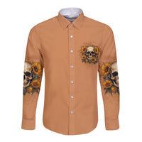 Tan long-sleeve button shirt with sunflower skull chest and sleeve prints