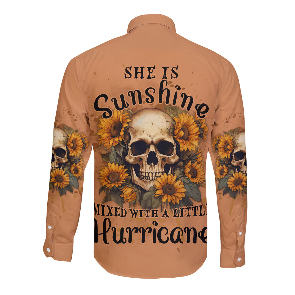 Tan long-sleeve button shirt with sunflower skull graphic on back