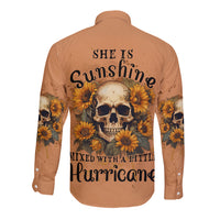 Tan long-sleeve button shirt with sunflower skull graphic on back