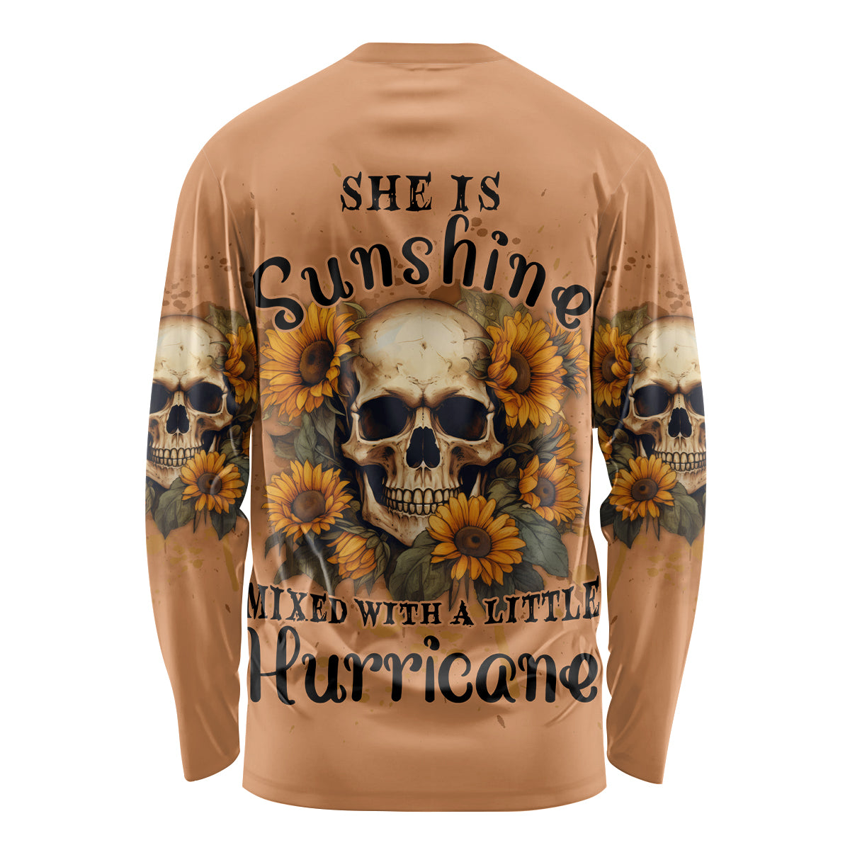 Tan long-sleeve shirt with sunflower skull graphic and 'She is Sunshine' text on back