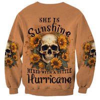 Brown sweatshirt with “Sunshine” sunflower skull back graphic, long sleeves
