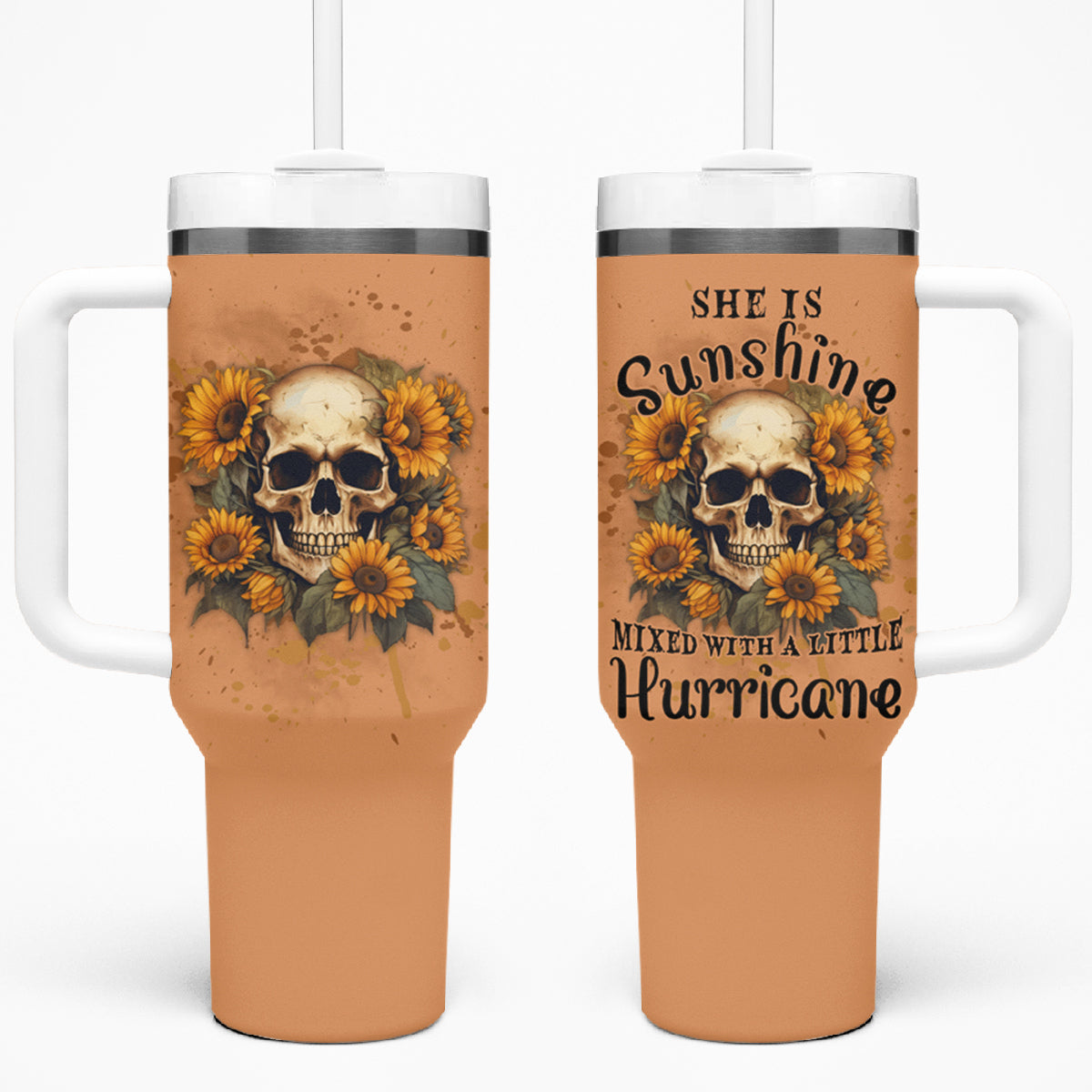 She Is Sunshine Sunflower Skull Tumbler With Handle