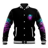 Black varsity-style baseball jacket with purple/teal skull front and striped collar cuffs