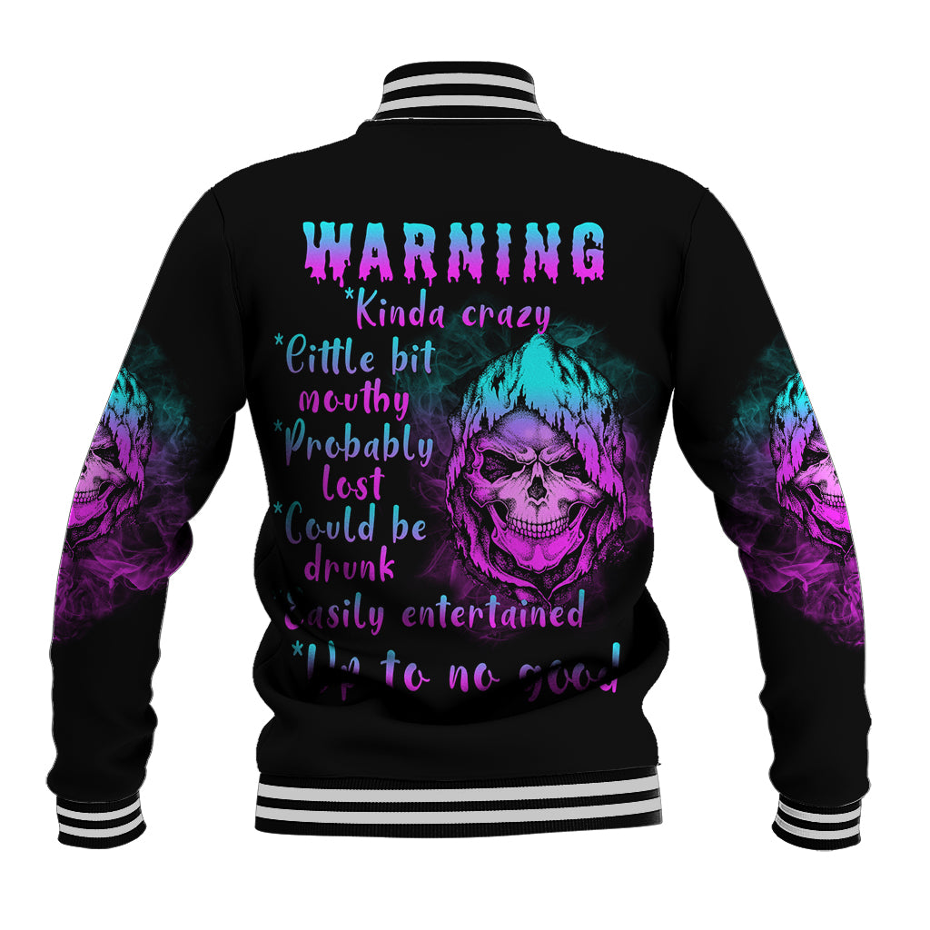 Black skull baseball jacket with multicolor back text and neon graphic, striped collar cuffs