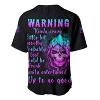 Black baseball jersey, back view, neon skull and warning text graphic, short sleeves