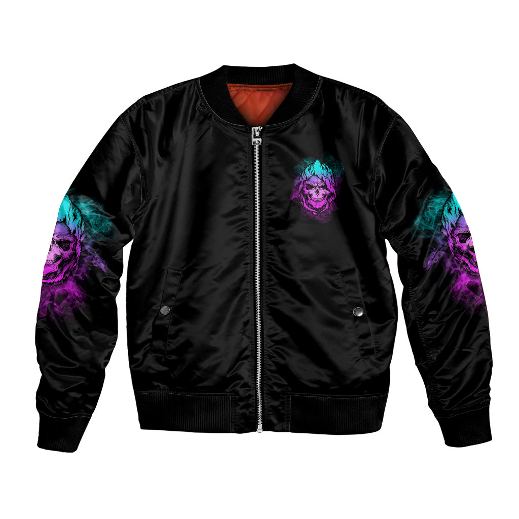 Black unisex bomber jacket with front zipper and teal-purple skull emblem
