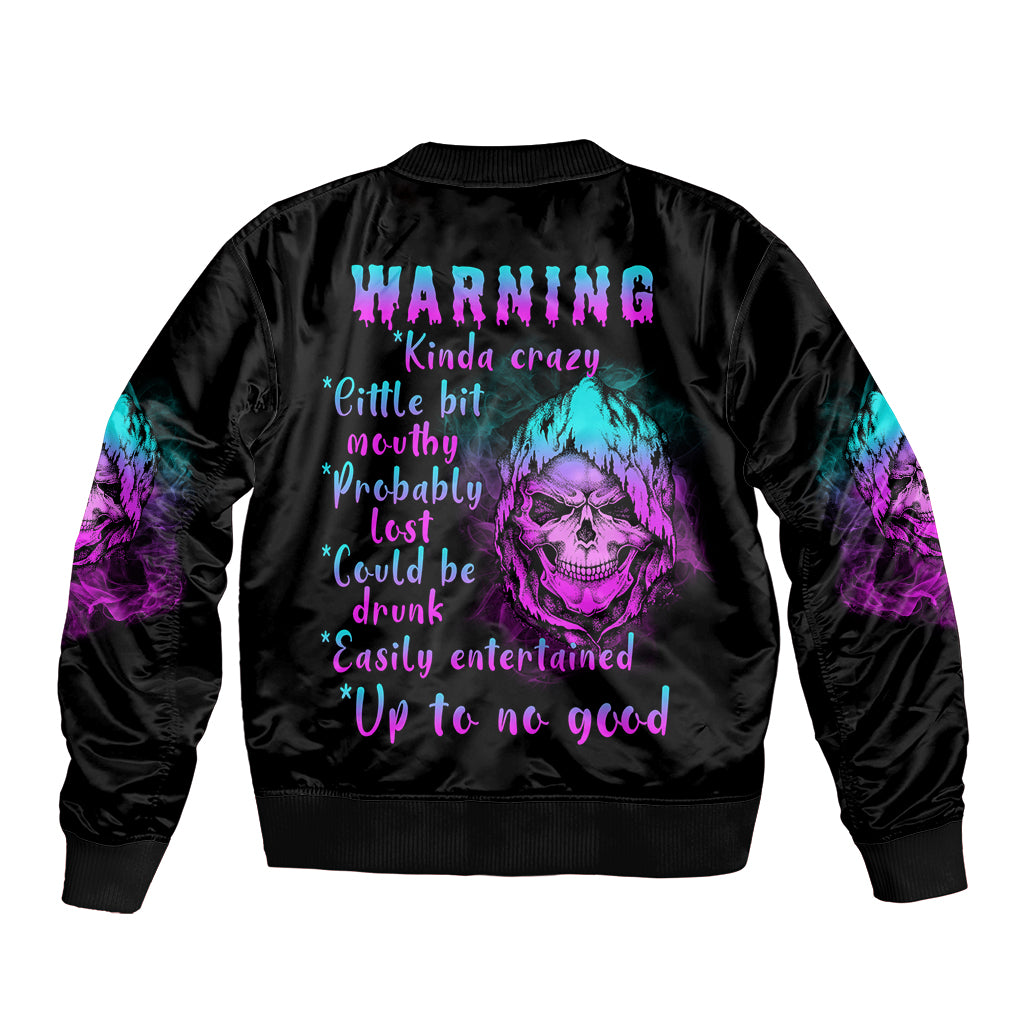 Black unisex bomber jacket with purple skull graphic and warning text on back
