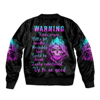 Black unisex bomber jacket with purple skull graphic and warning text on back