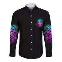 Black long-sleeve button shirt with front skull logo and colorful sleeve flames