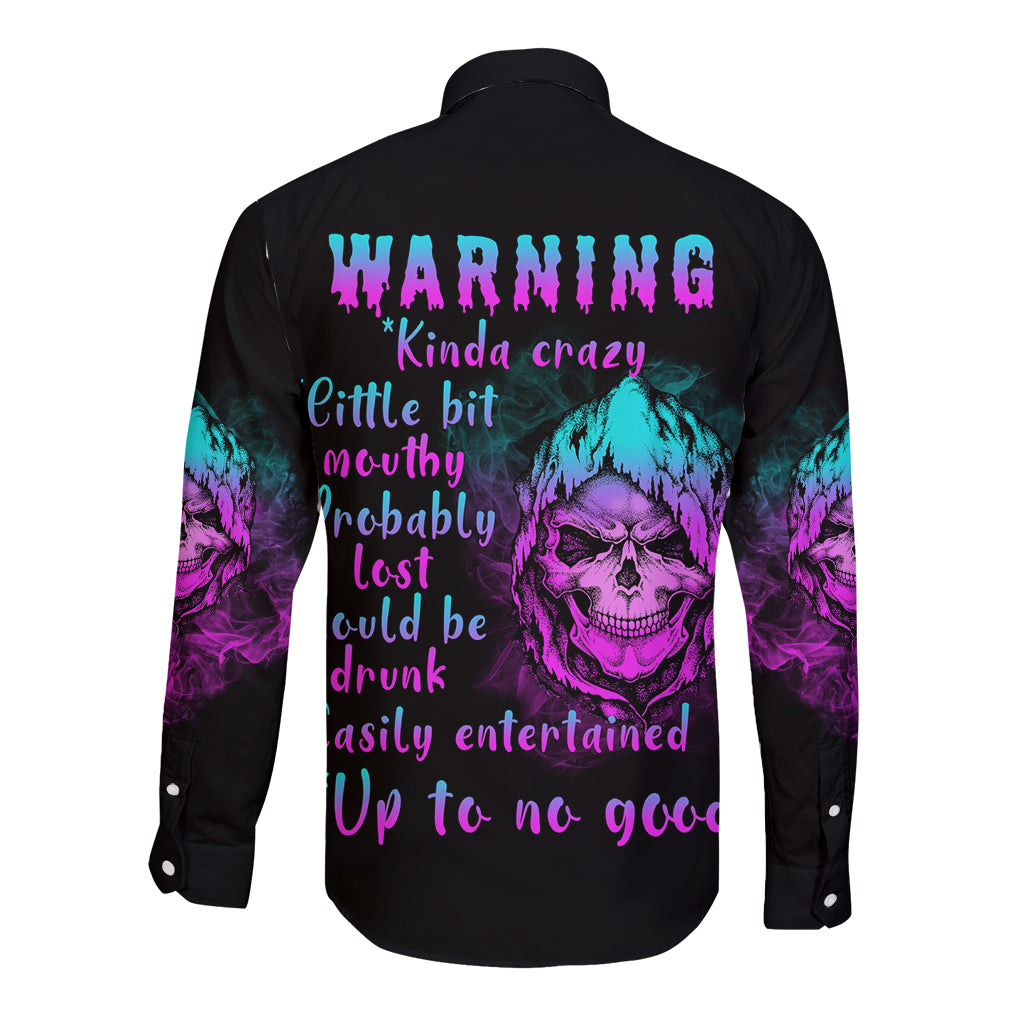 Black long-sleeve button shirt with colorful skull back print and neon text