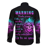 Black long-sleeve button shirt with colorful skull back print and neon text
