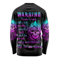 Black long-sleeve shirt with teal and purple skull graphic and Warning Kinda crazy text