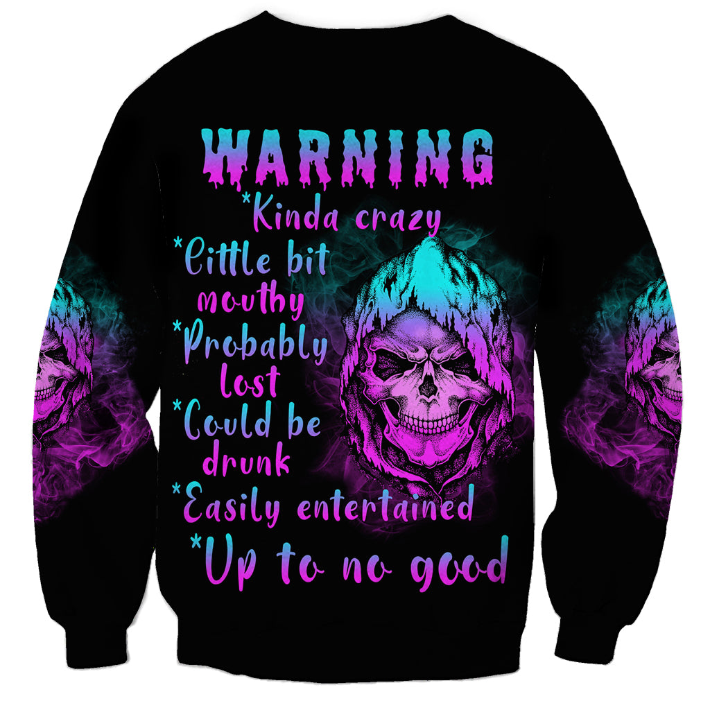 Black unisex sweatshirt with multicolor skull graphic and warning text, long sleeves