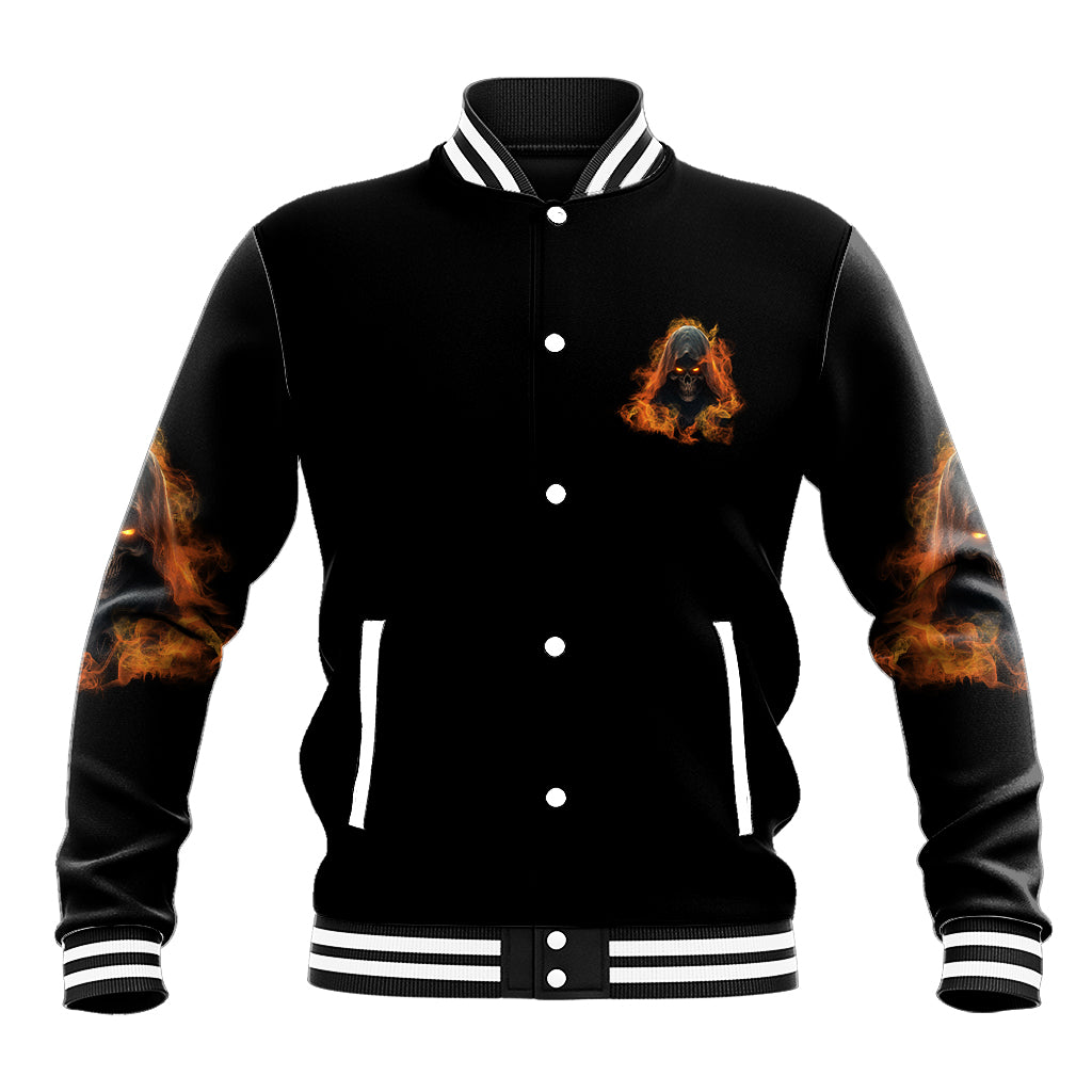 Unisex black baseball jacket with flame chest graphic, snap buttons, striped collar and cuffs
