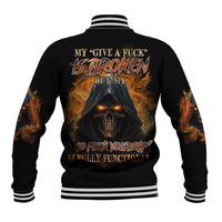 Unisex black baseball jacket with flame sleeves, skull graphic, and striped ribbed trim