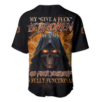 Black baseball jersey with fiery skull graphic on back, short sleeves