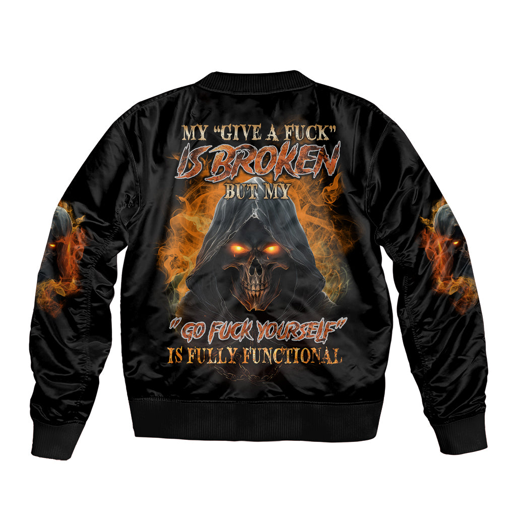 Black bomber jacket with ribbed collar; large back fiery skull graphic and orange flames