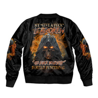Black bomber jacket with ribbed collar; large back fiery skull graphic and orange flames