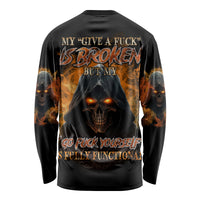 Black long-sleeve shirt with large skull flame graphic on back and bold text