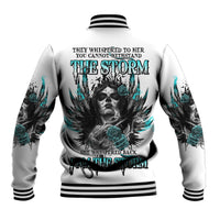 White baseball jacket with teal/black sugar skull back graphic, striped rib cuffs and hem