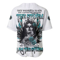 White baseball jersey with multicolor skull, wings, rose and storm text on back