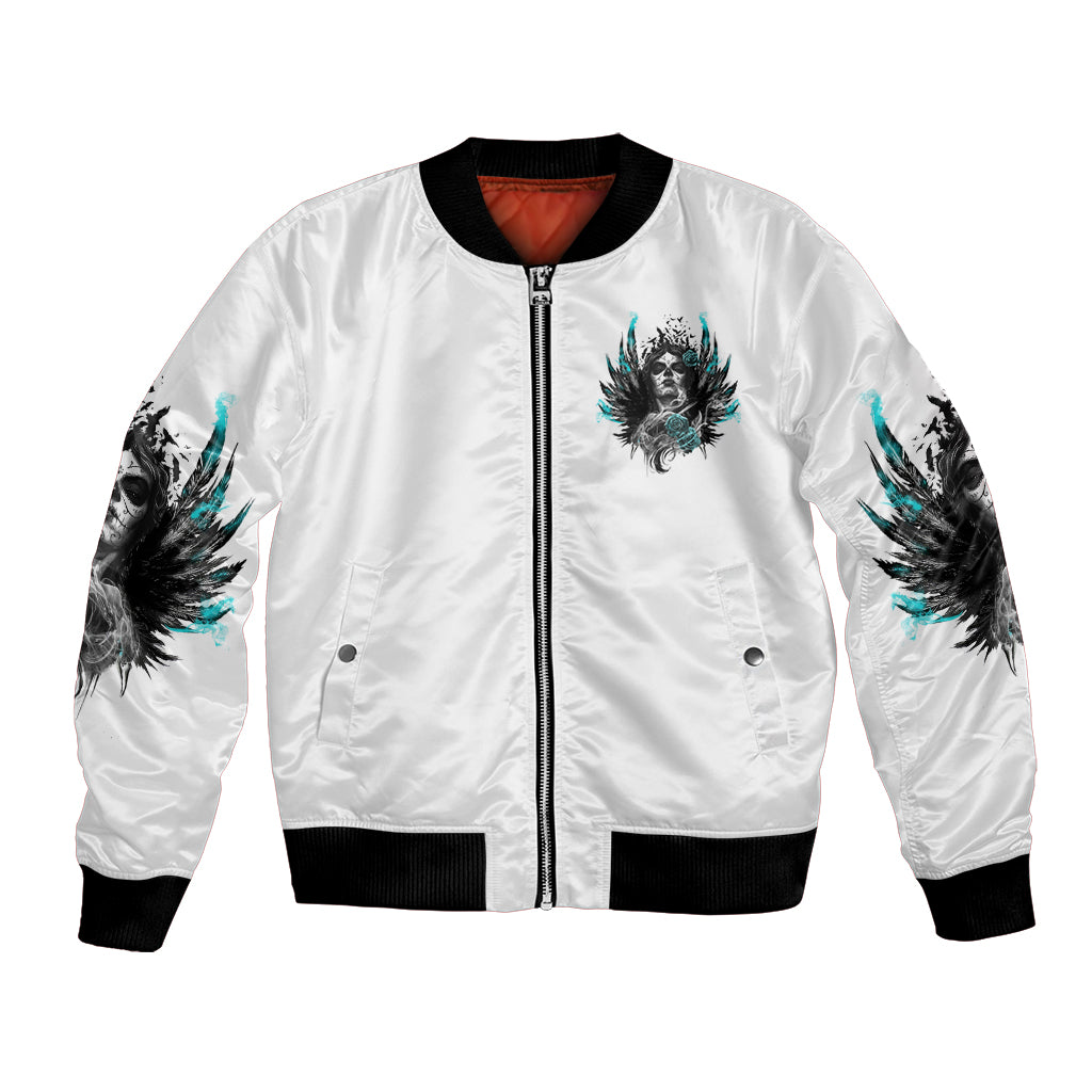 Unisex white bomber jacket with black ribbed trims, front zipper, storm skull graphic