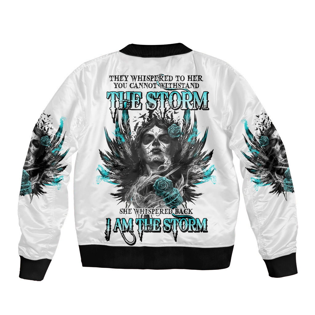 Unisex white bomber jacket with black ribbed trims and multicolor storm skull back print
