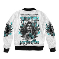 Unisex white bomber jacket with black ribbed trims and multicolor storm skull back print
