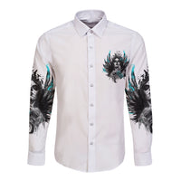 White long-sleeve button shirt with front sugar skull emblem and teal sleeve details