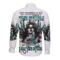 White long-sleeve button shirt with back sugar skull graphic and teal roses