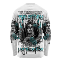 White long sleeve sugar skull shirt with large back graphic, roses, and dark teal text