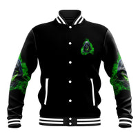 Black varsity-style baseball jacket with green skull chest print, button front, striped cuffs