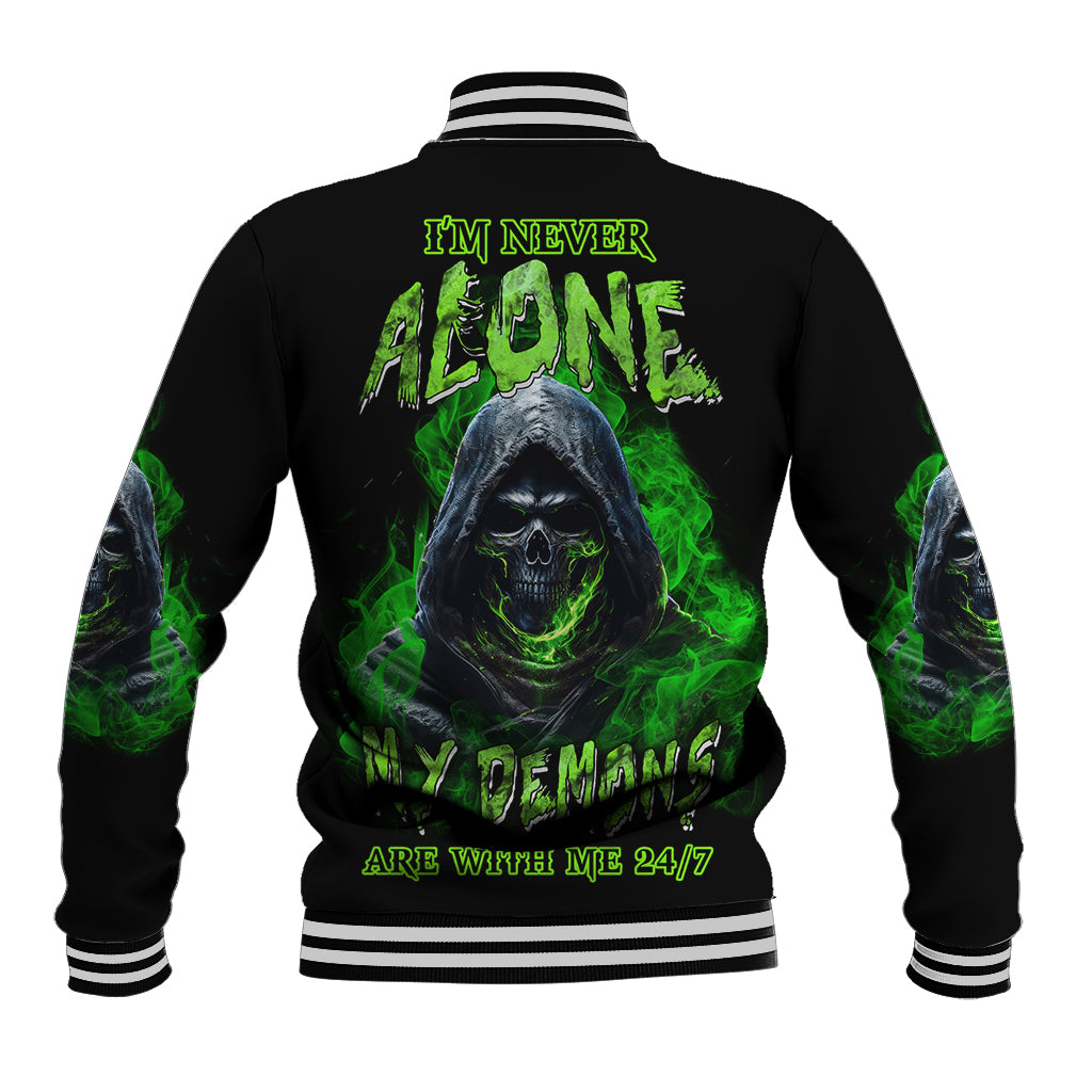 Black baseball jacket with green flame skull graphic on back and striped ribbed collar