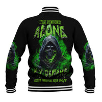 Black baseball jacket with green flame skull graphic on back and striped ribbed collar