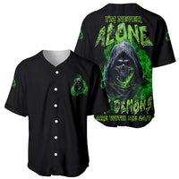 Black baseball jersey set (2) with green demon hood front and back prints.