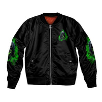 Black zip-up bomber jacket with neon green ghost emblem on left chest