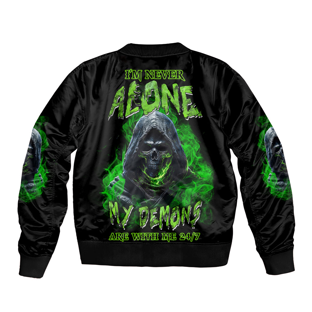 Black bomber jacket with neon green ghost graphic on back and ribbed cuffs