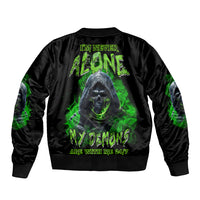 Black bomber jacket with neon green ghost graphic on back and ribbed cuffs