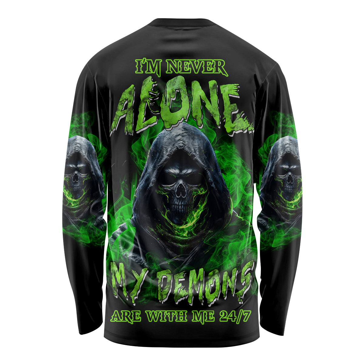 Unisex black long-sleeve shirt with green demon skull graphic on back