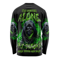Unisex black long-sleeve shirt with green demon skull graphic on back