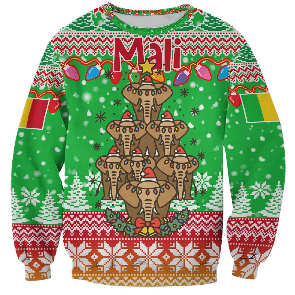 Mali Christmas Sweatshirt with Cartoon Elephant Pyramid Snowflakes and Holiday Lights - Wonder Print Shop