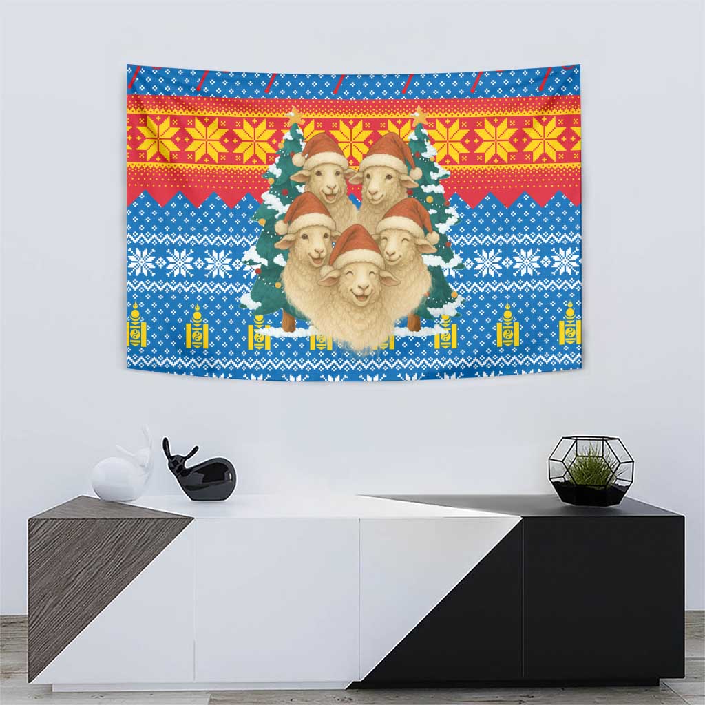 Mongolia Christmas Tapestry with Santa Sheep Christmas Trees and Snowflake - Wonder Print Shop