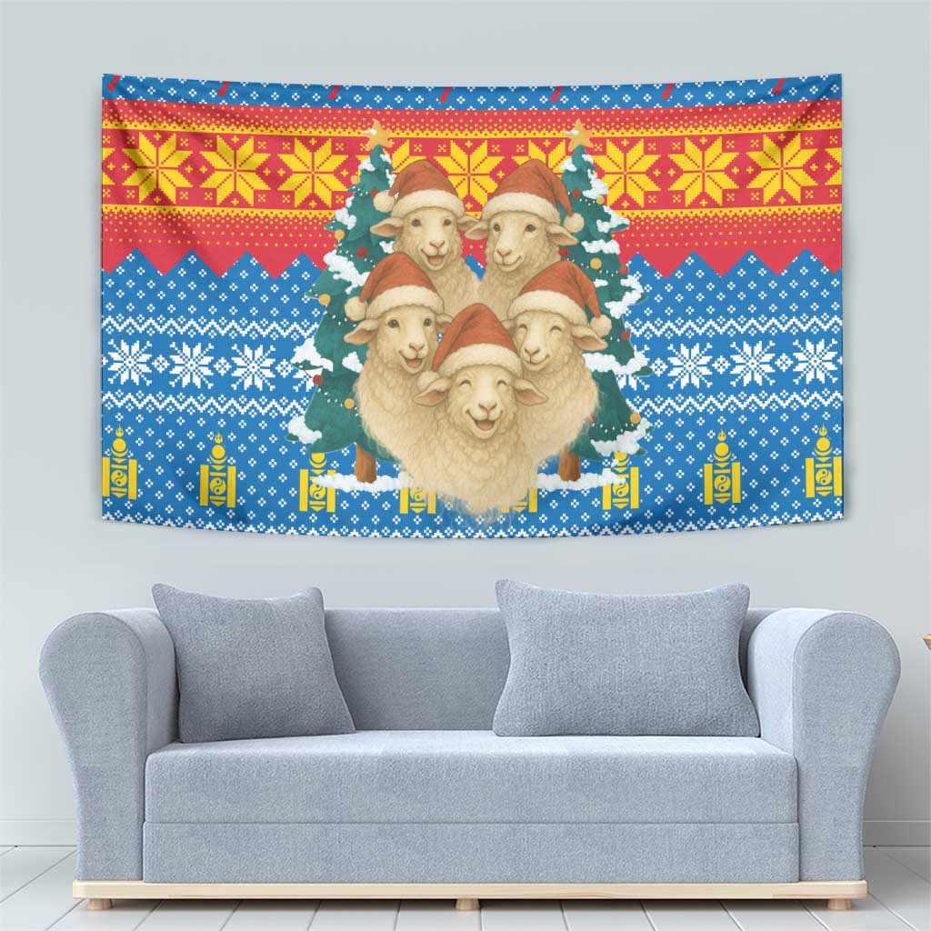 Mongolia Christmas Tapestry with Santa Sheep Christmas Trees and Snowflake - Wonder Print Shop
