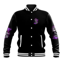 Black varsity baseball jacket with purple graphic on chest and striped ribbed trim