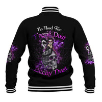 Black baseball jacket with purple galaxy graphic and striped ribbed collar cuffs